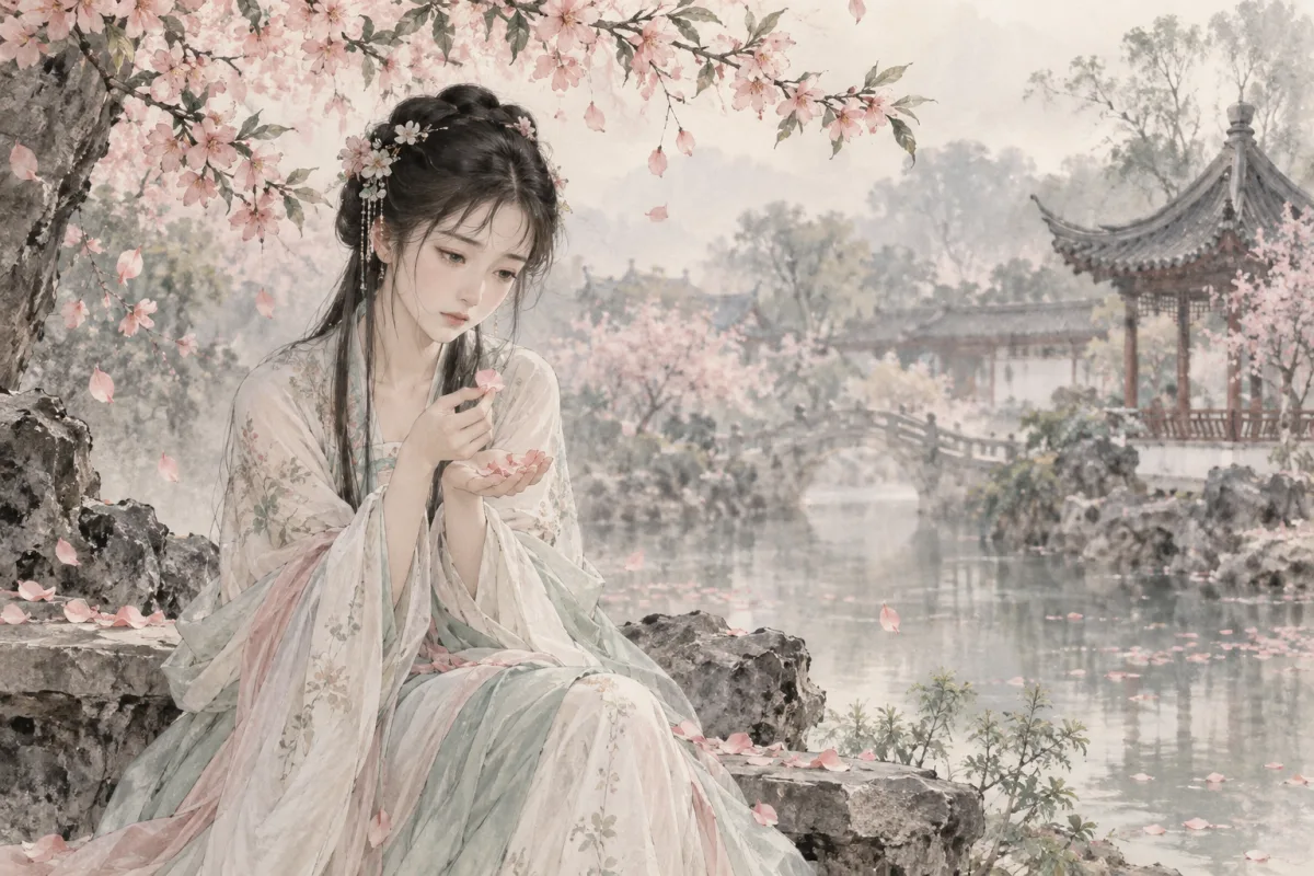 林黛玉在落花中凝望花瓣,呈現敏感而感傷的心境