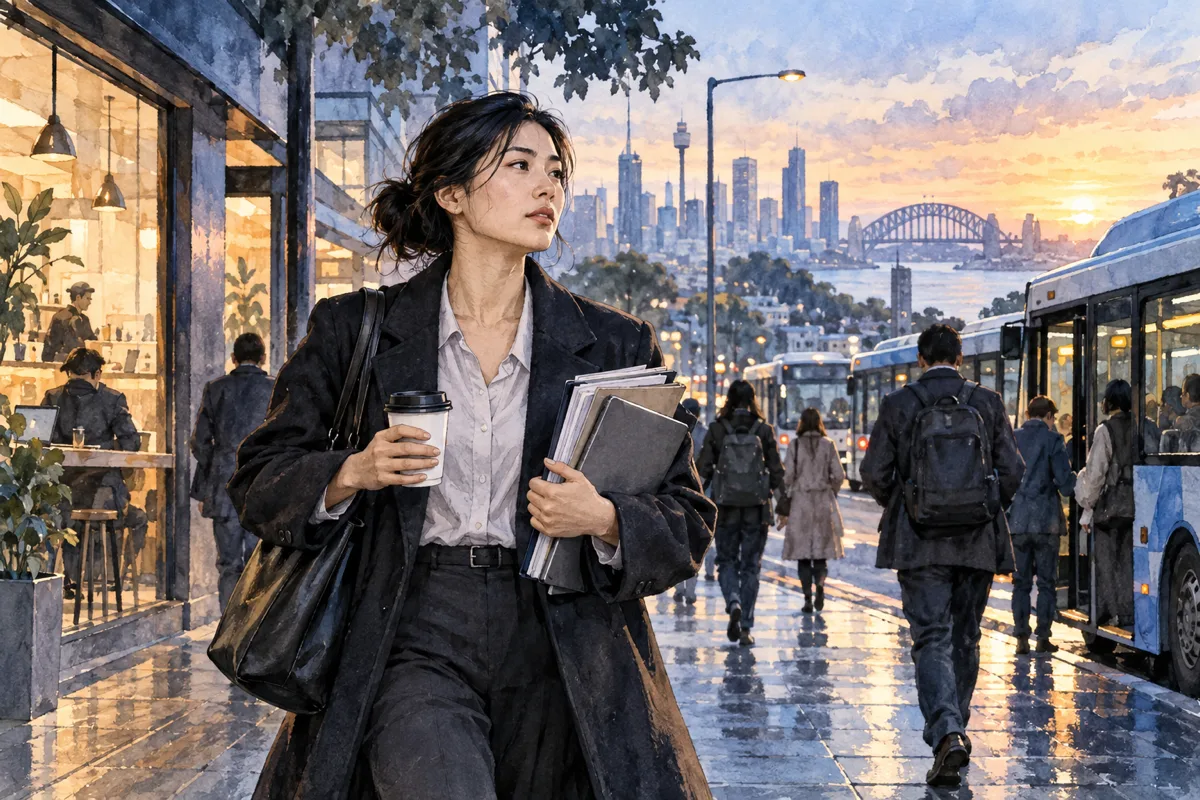 女子在澳洲城市通勤人潮中抱著文件前行,呈現生活與工作的壓力