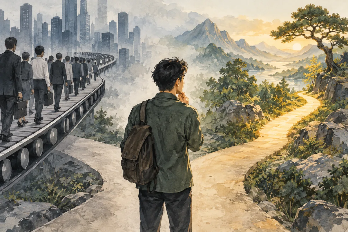 男子在分岔道路前重新理解成功規則與人生方向