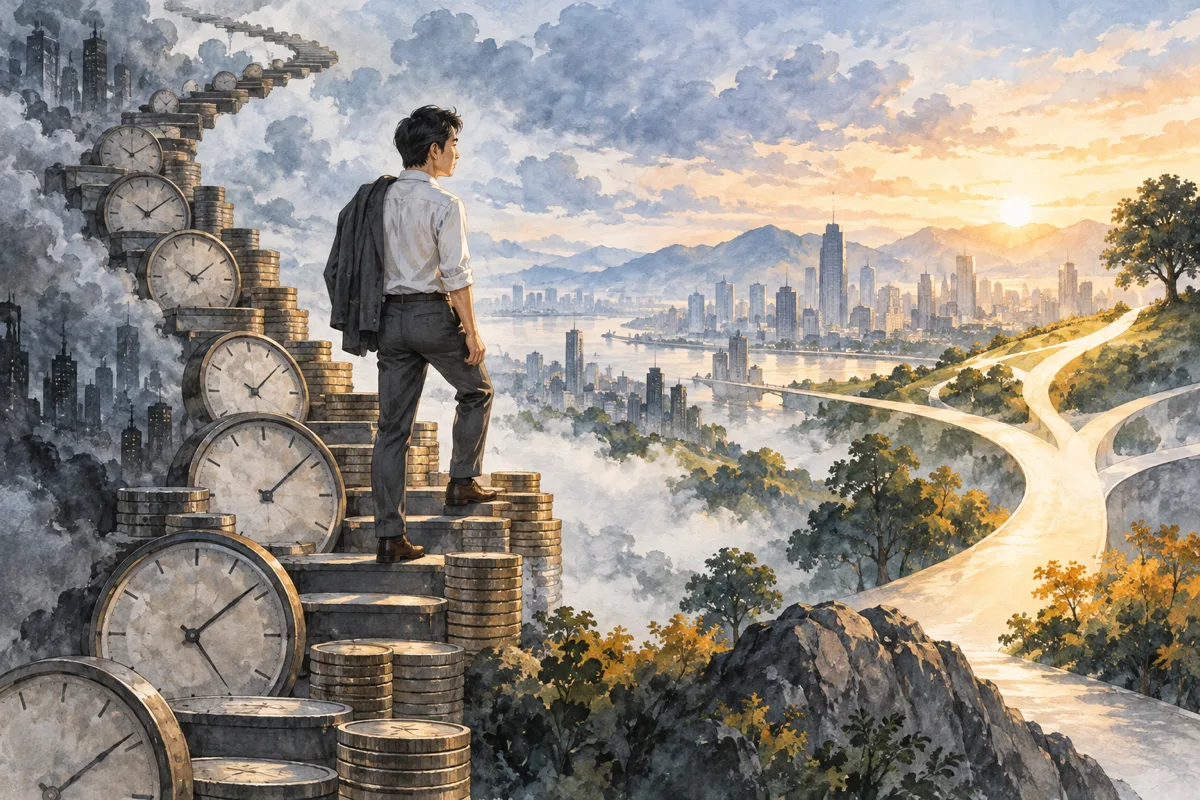 男子站在由時鐘與硬幣構成的階梯前,思考努力與經濟規則