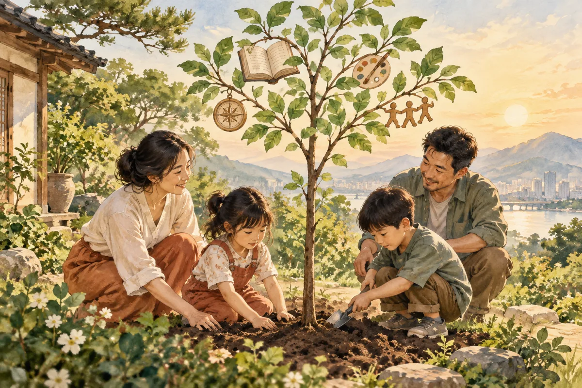 一家人共同照料象徵創造力與韌性的成長之樹