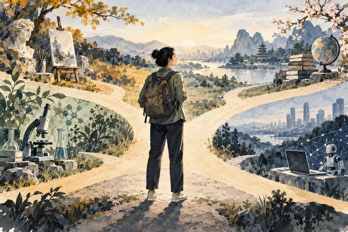 成年人站在多种知识与职业道路的交叉口,思考终身学习