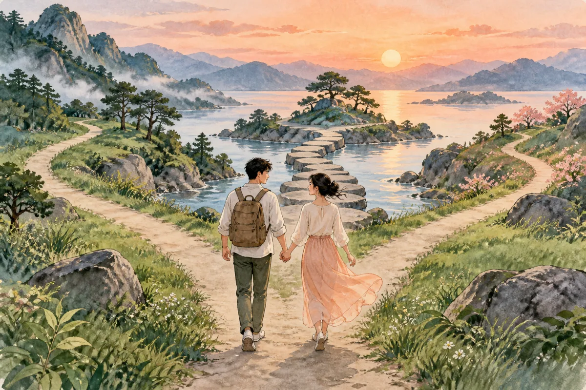 Partners holding hands on separate yet connected paths, symbolizing a shared map of love
