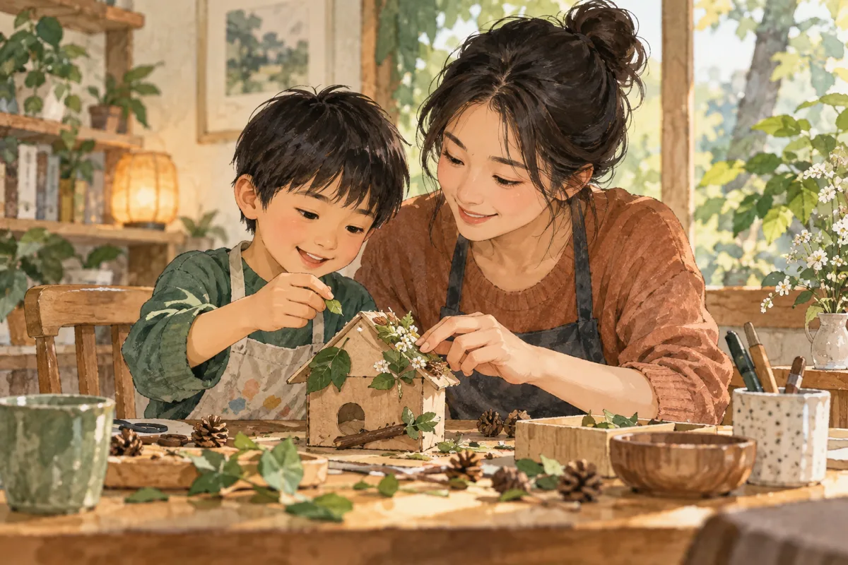 母親陪伴孩子一起完成手工作品，象徵理解特質與成長
