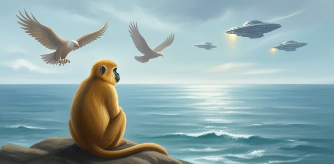 海邊的金毛猴、空中的雄鷹與遠方飛行器象徵Terry的孤獨記憶