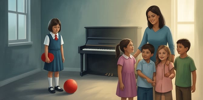 女孩獨坐鋼琴旁，遠處孩子們在球場活動
