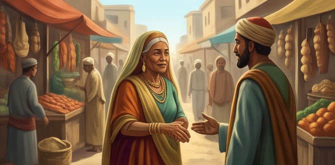 古代集市中一對男女相遇並握手