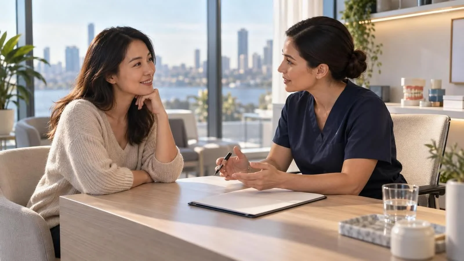An Asian woman having an equal conversation with a dental consultant in a clinic