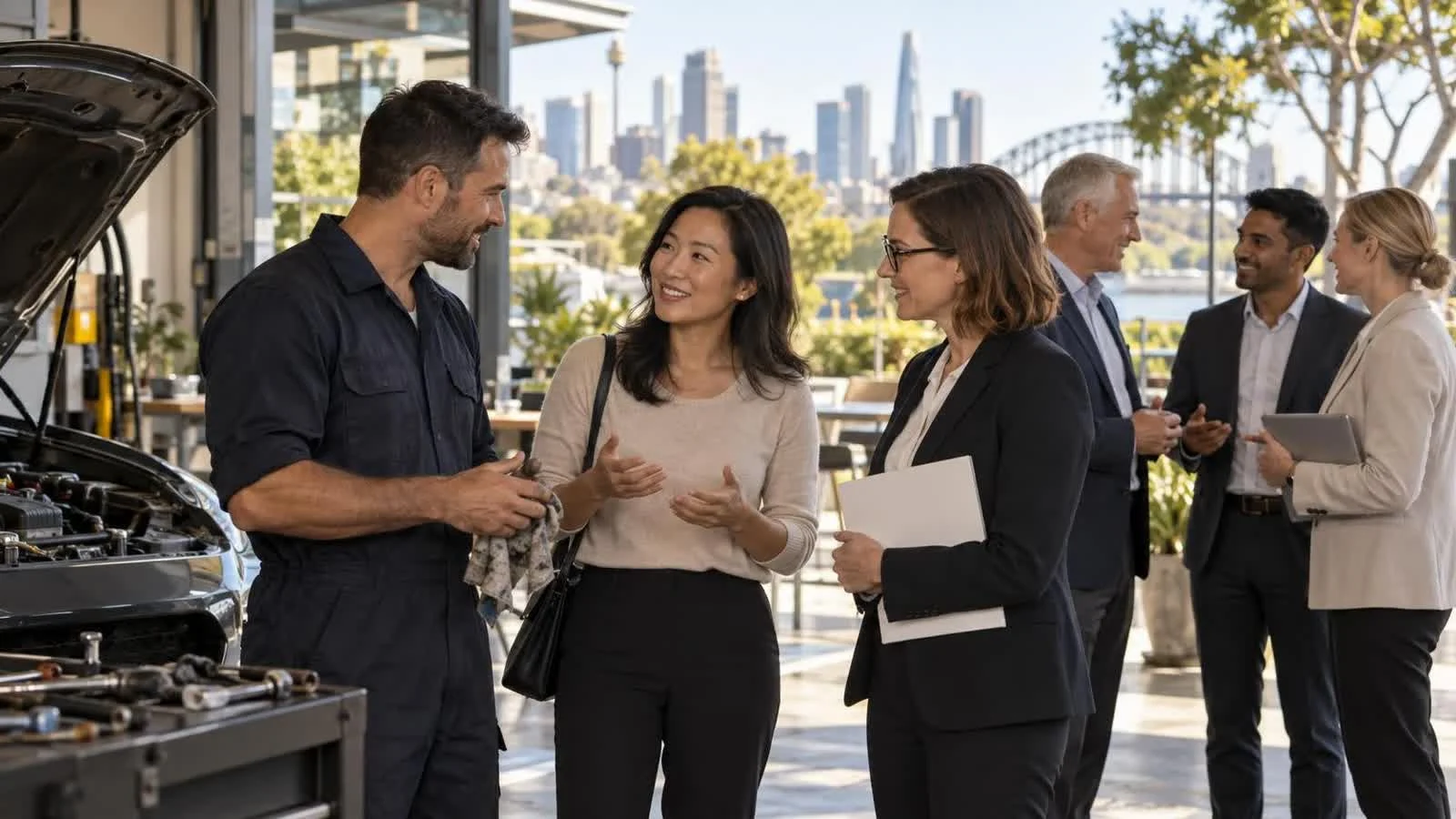 An Asian woman building mutual trust with a car mechanic and professionals in various fields